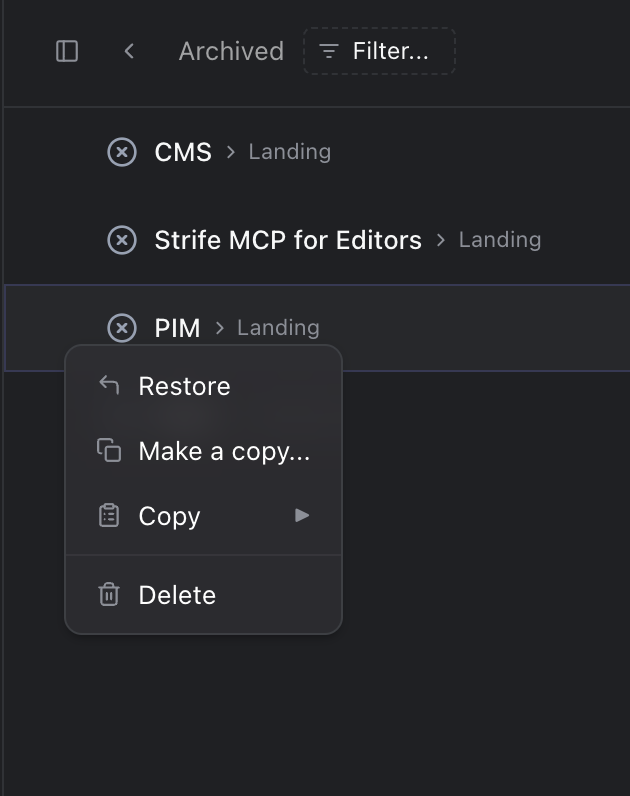The menu for an archived page, with Restore, Make a copy, Copy and Delete.