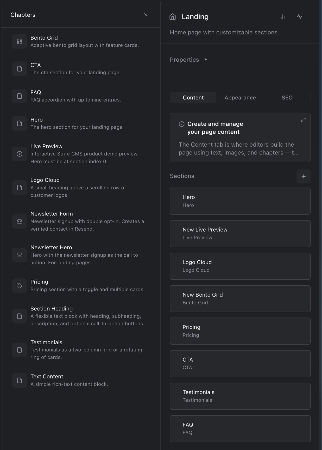 The chapter library beside the editor panel, listing Bento Grid, CTA, FAQ, Hero, Live Preview and other chapters, each with an icon and a short description.