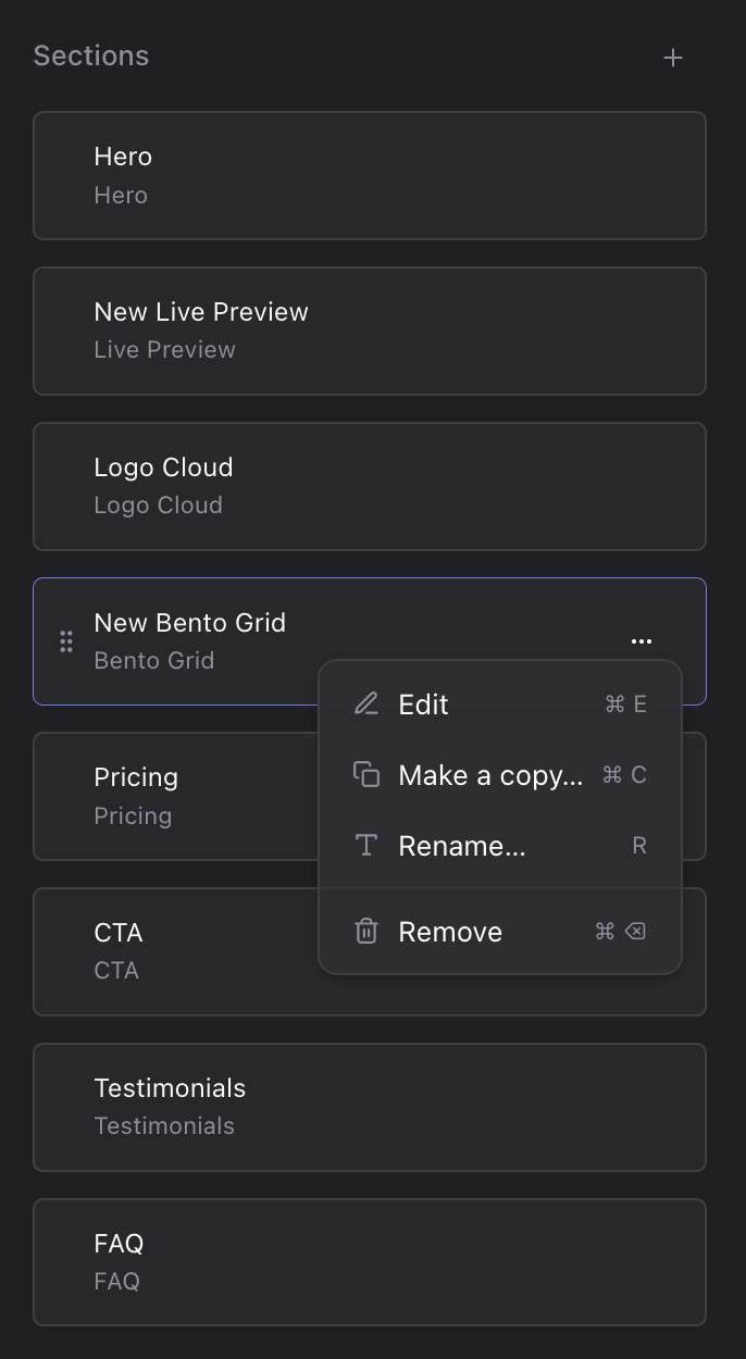 The Sections field with eight chapters, one of them selected with its menu open: Edit, Make a copy…, Rename… and Remove.