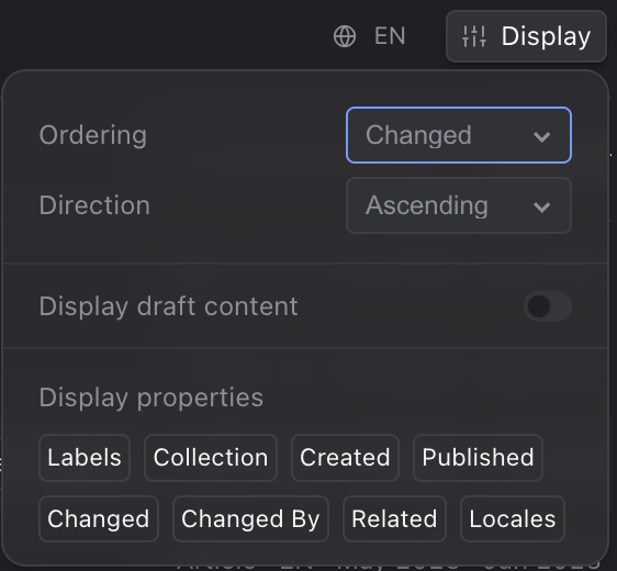 The Display options: ordering, direction, draft content and the properties shown on each row.