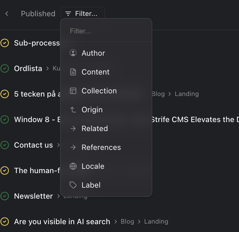 The list of fields you can filter the content list on.