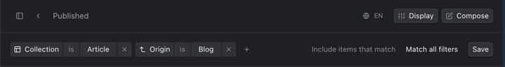 Two filters applied, with the choice between matching all or any filter and the Save button.