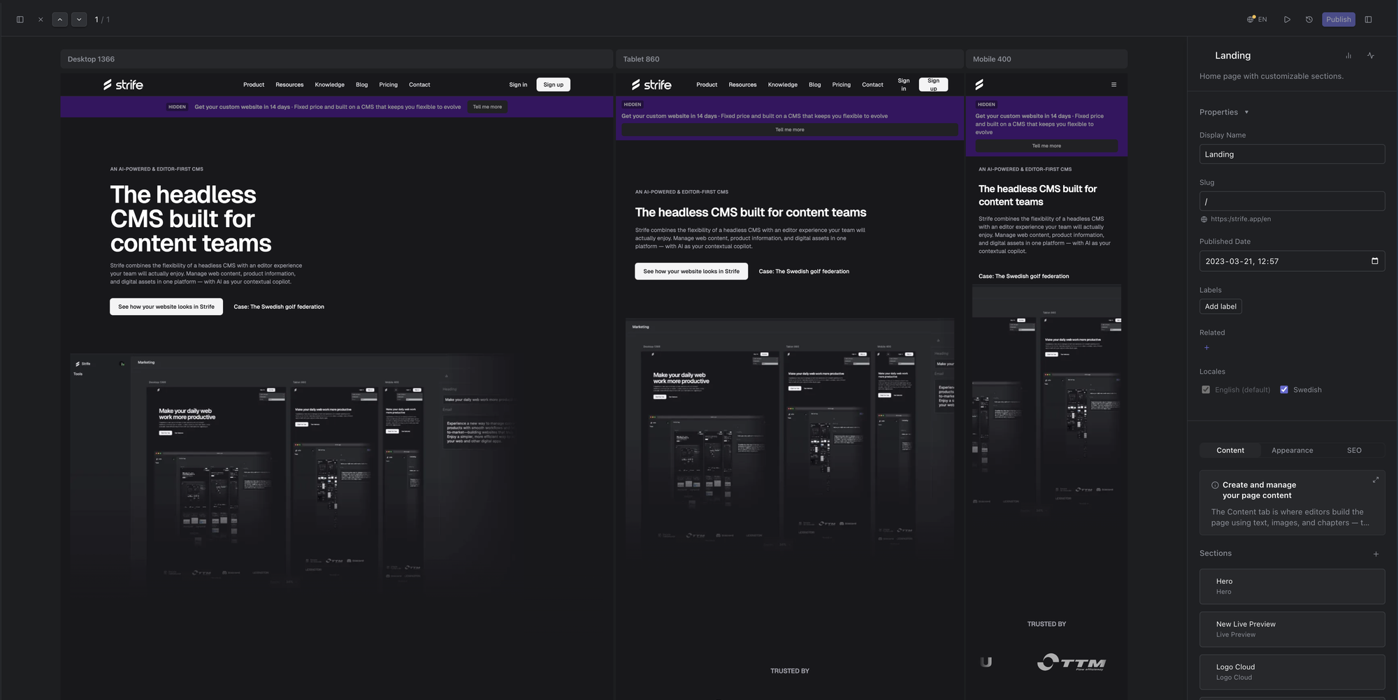The editing view: the bar along the top, the canvas with the page in three screen sizes, and the editor panel on the right.