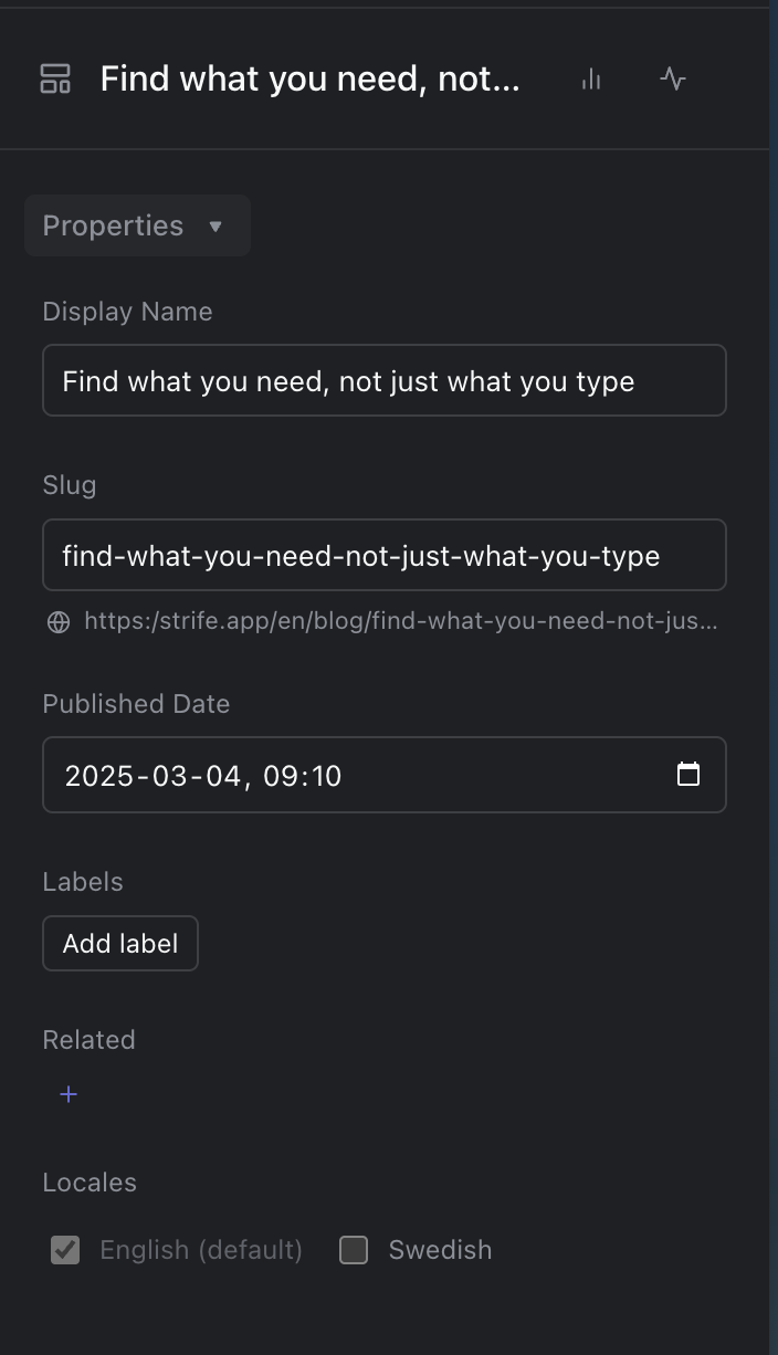 The Properties section with display name, slug and address, published date, labels, related documents and languages.