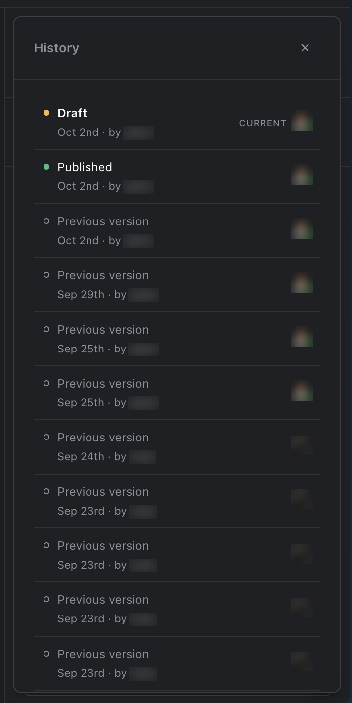 The History drawer for a page with a draft: the draft marked Current, the published version, and earlier versions, each with its date and who made it.