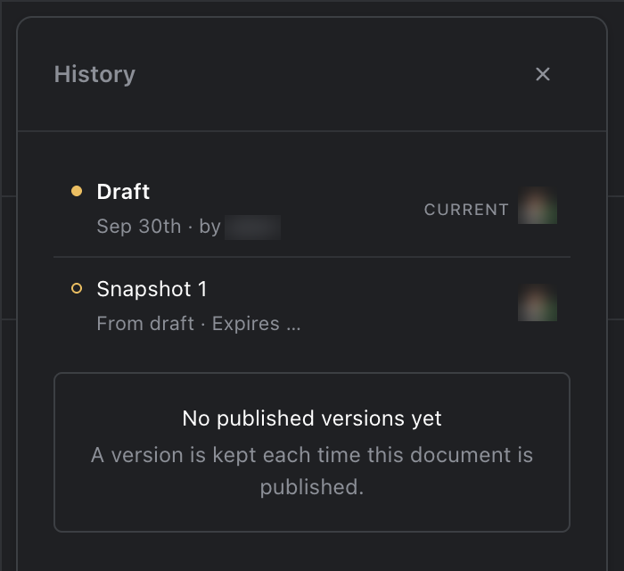 History for a page that has never been published: the draft, marked Current, and Snapshot 1, made from the draft.
