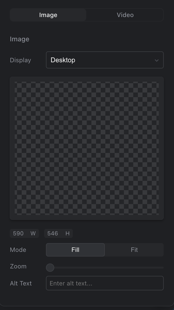 An image group with Desktop chosen under Display, and below it the picture's frame, W and H, Mode, Zoom and Alt Text.