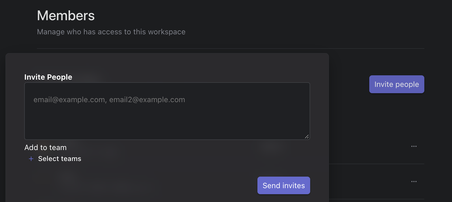 Inviting people to the workspace and choosing their teams.