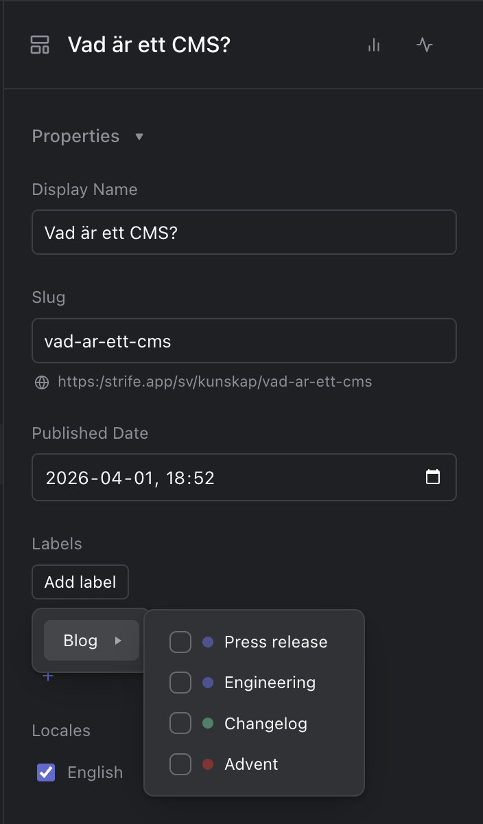 Properties in the editor panel with the label picker open from Add label: the group Blog opens as a submenu with the labels Press release, Engineering, Changelog and Advent, each with a checkbox and a colour.