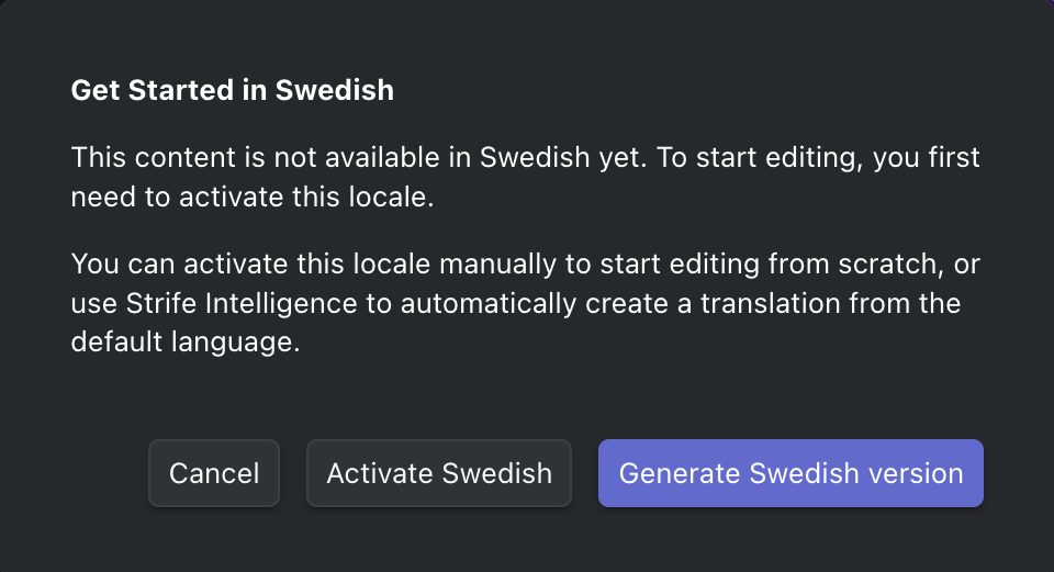 The Get Started in Swedish dialog with Cancel, Activate Swedish and Generate Swedish version.