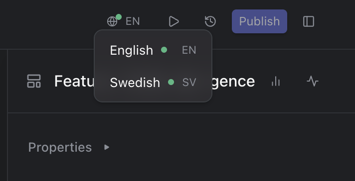 The language menu in the bar along the top, open on a page with English and Swedish, both marked with a green dot.
