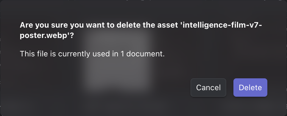 The confirmation before a file is deleted, warning that documents still use it.
