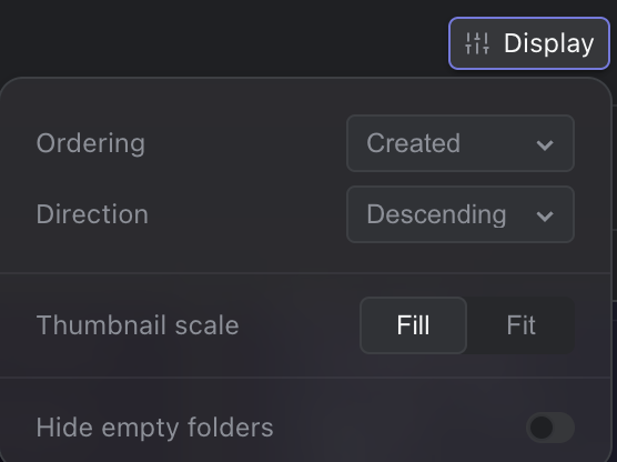 The media library's Display options: ordering, direction, thumbnail scale and hiding empty folders.