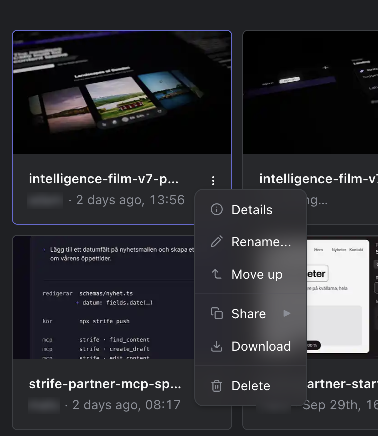 A file's menu with Details, Rename, Move up, Share, Download and Delete.