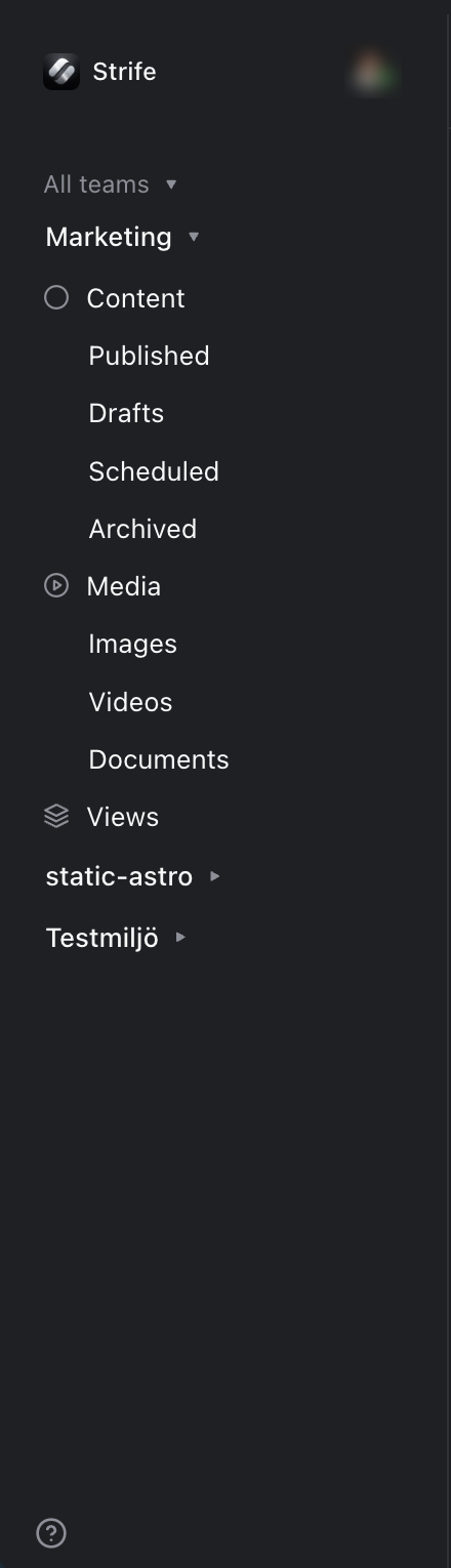 Studio's navigation: the workspace name at the top with your picture, All teams with the Marketing team open (Content with Published, Drafts, Scheduled and Archived, Media with Images, Videos and Documents, and Views), two more teams, and the help button at the bottom. The picture is blurred.
