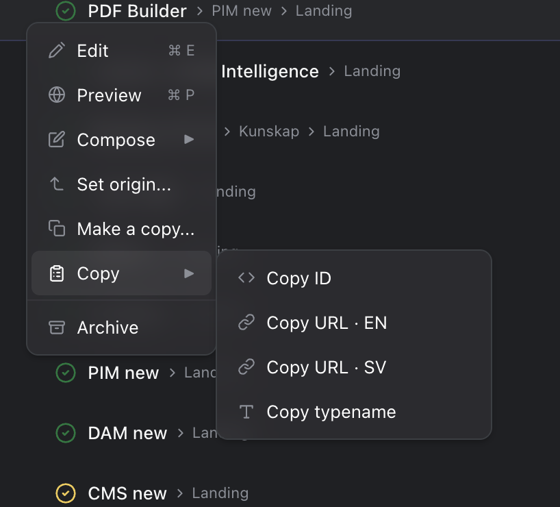 A page's menu in the content list with Edit, Preview, Compose, Set origin..., Make a copy..., Copy and Archive. Copy is open, with Copy ID, Copy URL · EN, Copy URL · SV and Copy typename.