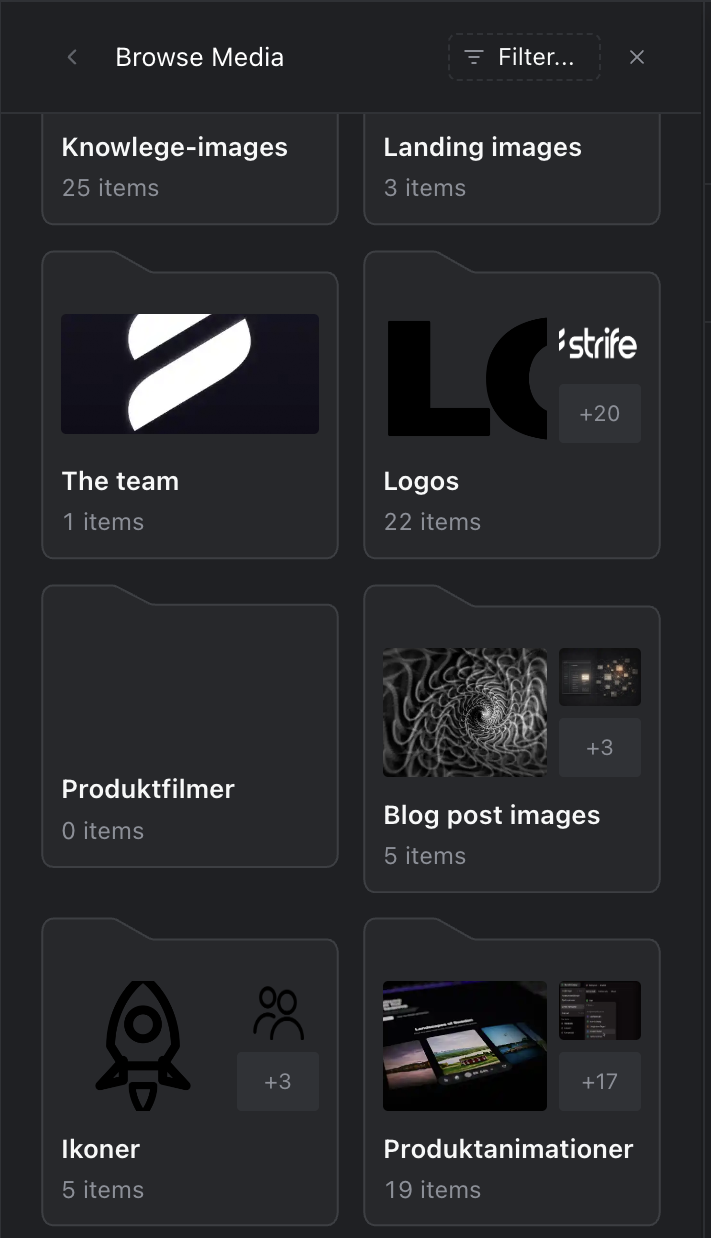 The media library opened from a picture field, titled Browse Media, with folders of pictures and a Filter button.