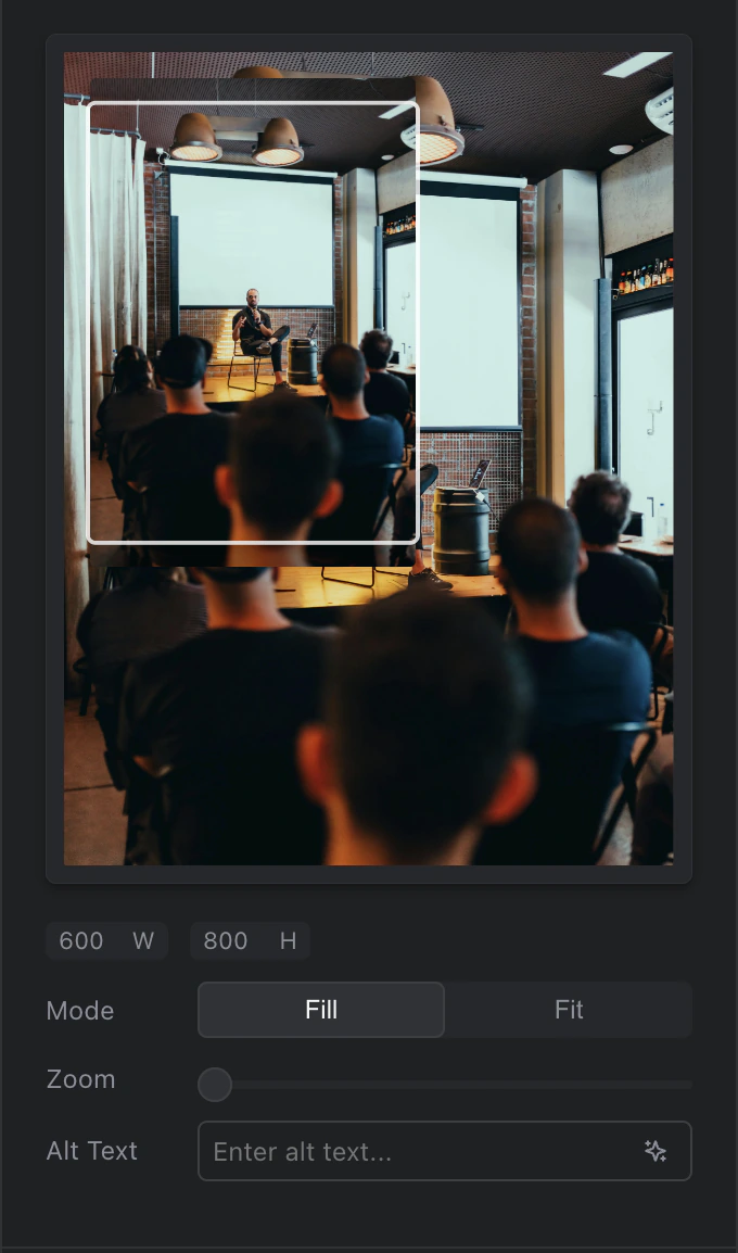 A picture field with the pointer over the picture, which shows the whole original with a frame around the part that shows. Below it are W and H, Mode with Fill and Fit, the Zoom slider, and Alt Text with the AI button.