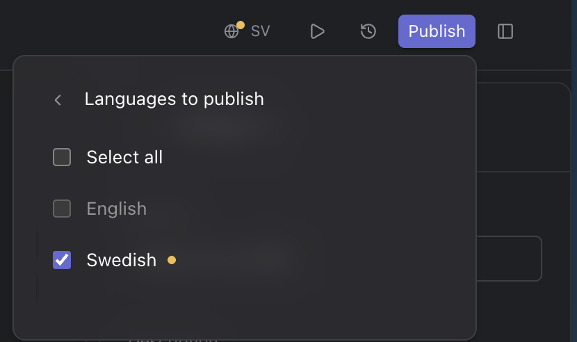 Choosing which languages to publish; only languages with changes can be selected.