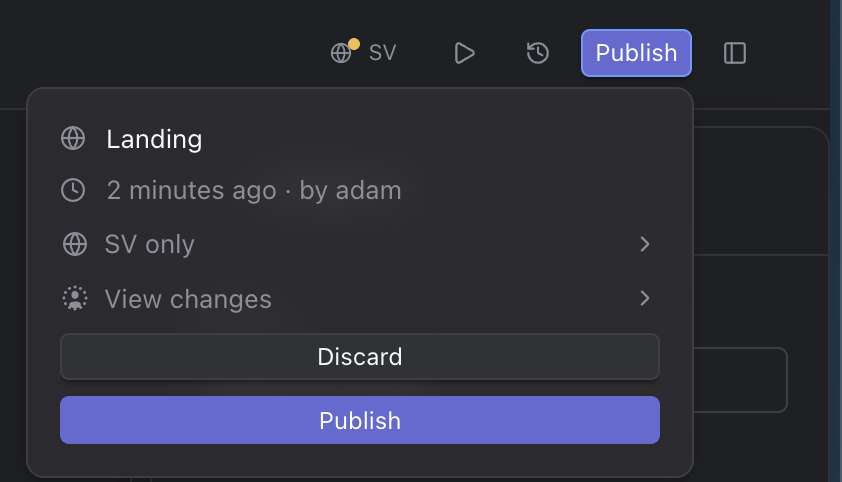The publish panel with the page's name, when it was last changed, the languages to publish, View changes, Discard and Publish.