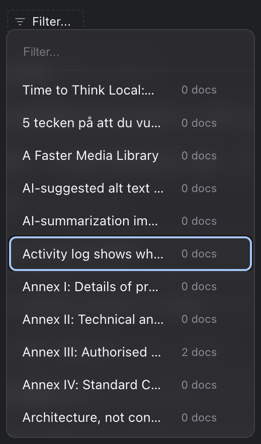 The References filter listing documents by name, each with the number of documents that use it.