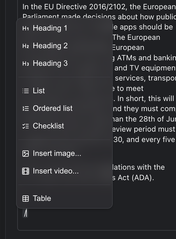 The menu that opens when you type a slash on an empty line: Heading 1 to 3, List, Ordered list, Checklist, Insert image..., Insert video... and Table.