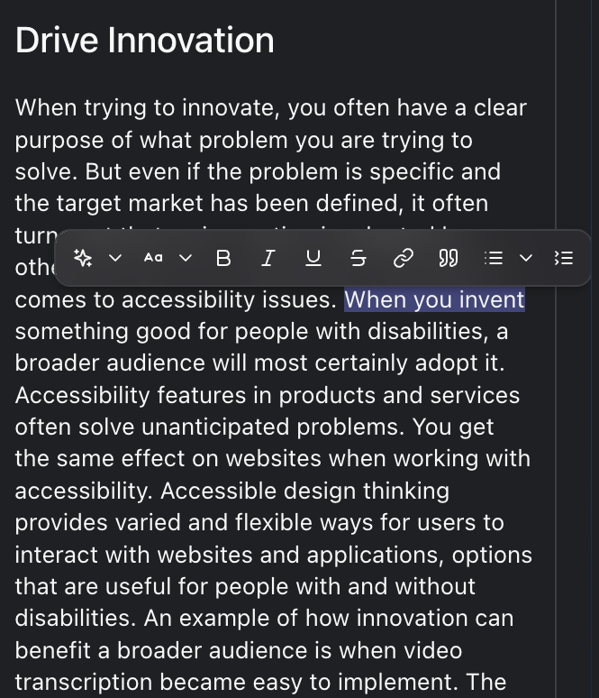 Selected text in a rich text field, with the menu above it: AI tools, text style, bold, italic, underline, strikethrough, link, quote, lists and details.