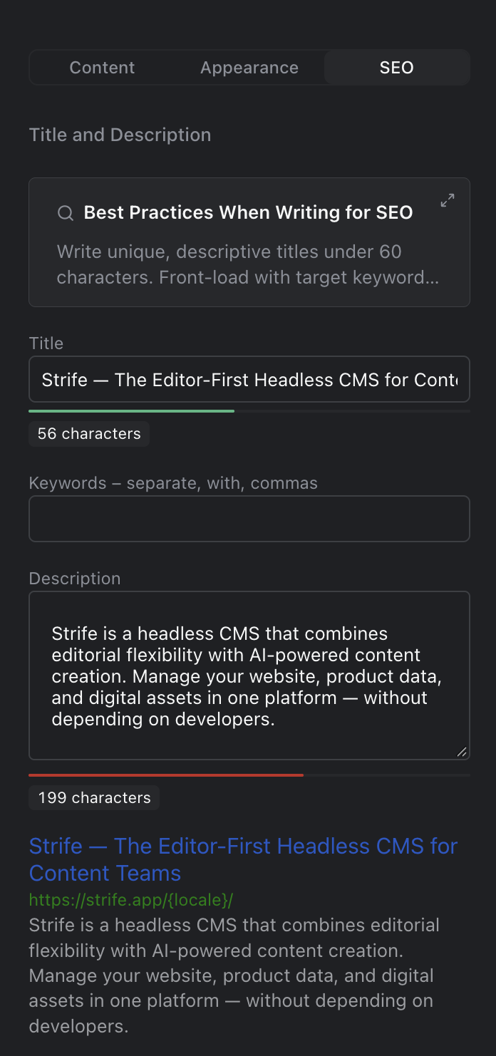 The SEO tab with the Title and Description field: the Best Practices When Writing for SEO box, a title of 56 characters with a green bar, an empty Keywords field, a description of 199 characters with a red bar, and a preview of the search result.