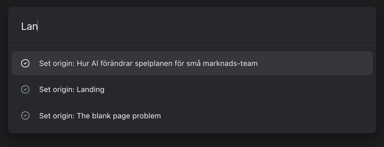 The Set origin list with Lan typed in the search field, showing three pages to choose as the new parent.