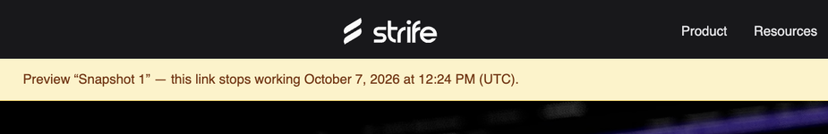 A page on the website opened from a snapshot link, with a yellow bar under the menu that names Snapshot 1 and says the link stops working October 7, 2026 at 12:24 PM (UTC).