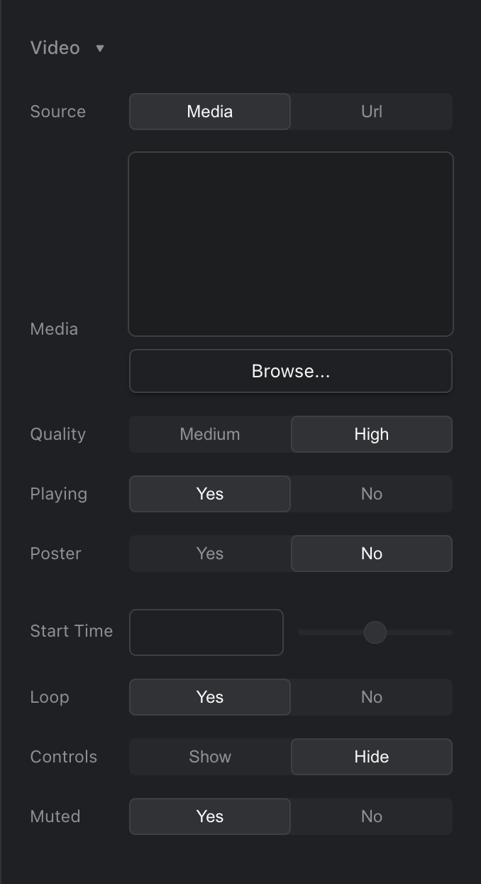 The video field with Source set to Media, the Browse... button, and the settings Quality, Playing, Poster, Start Time, Loop, Controls and Muted.