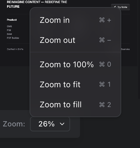 The zoom menu open above the zoom level in the canvas toolbar, with Zoom in, Zoom out, Zoom to 100%, Zoom to fit and Zoom to fill and their shortcuts.